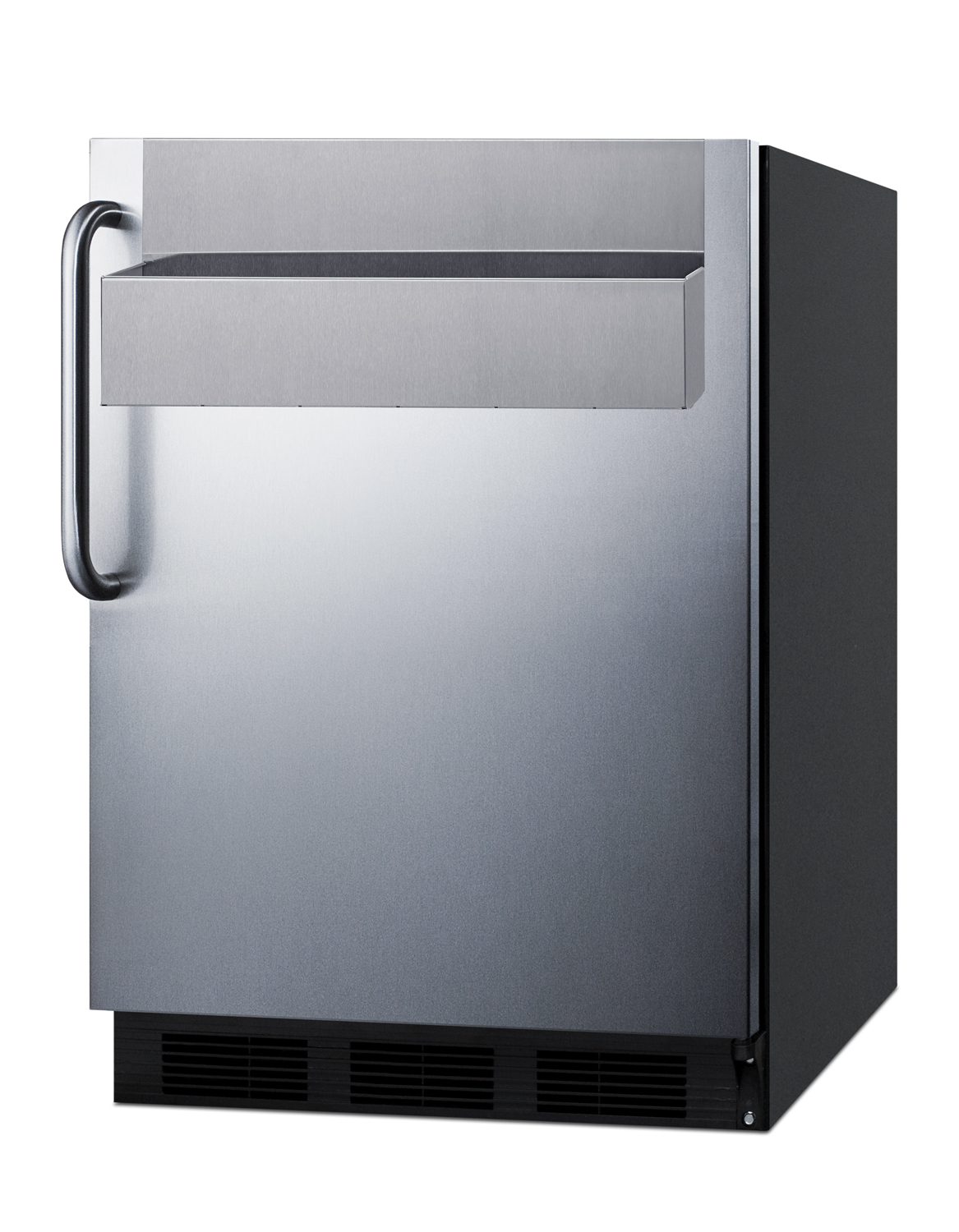 Commercially listed freestanding all-refrigerator for commercial use, auto defrost w/SS wrapped door, removable Speed Rail, towel bar handle, and black cabinet